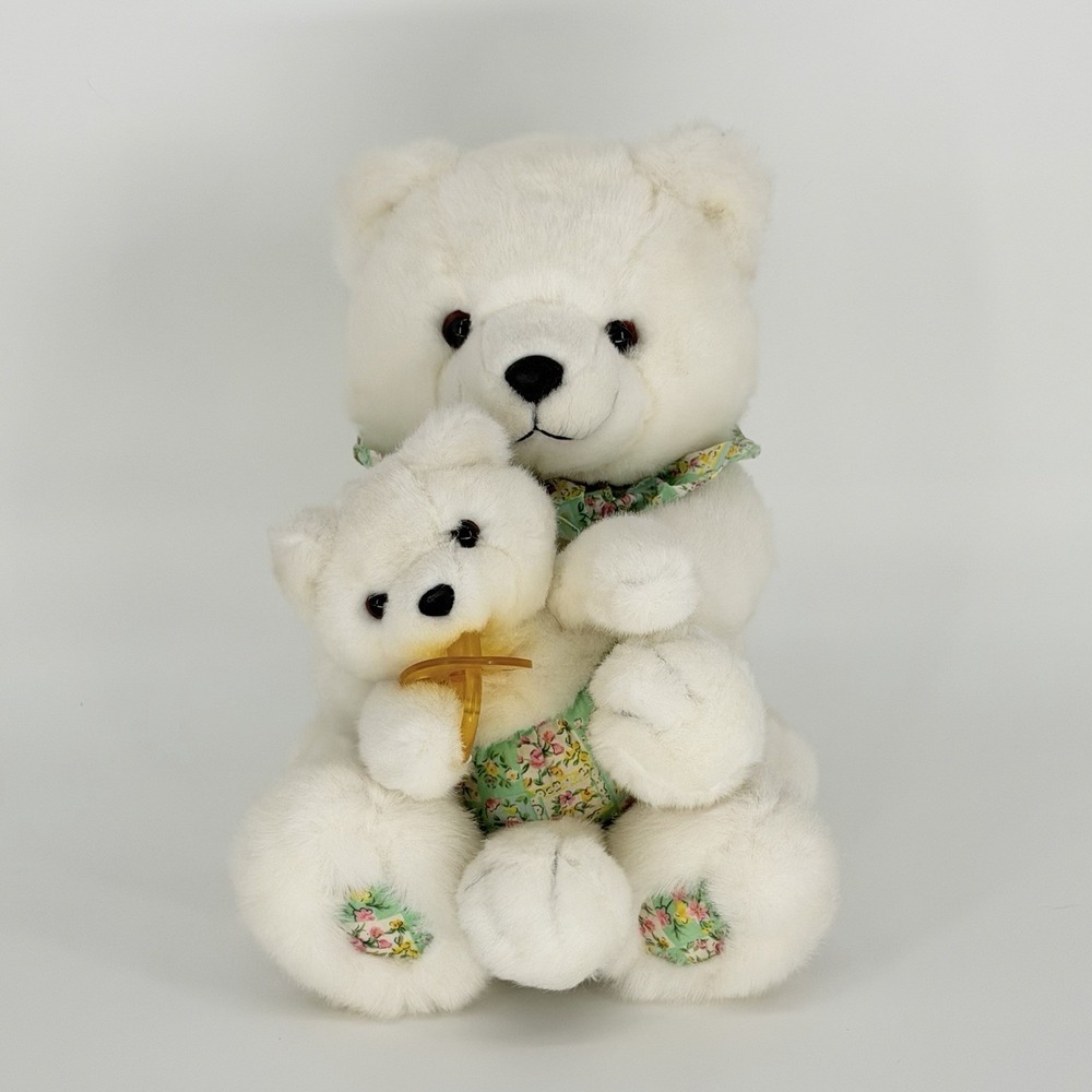 Mama Bear Baby Bear White Plush 15" Vintage 1996‎ Pacifier Plush Creations